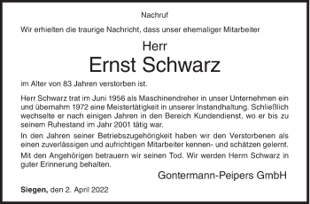 Traueranzeige von Ernst Schwarz von Siegener Zeitung