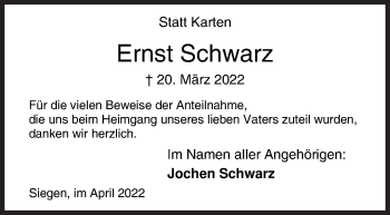 Traueranzeige von Ernst Schwarz von Siegener Zeitung