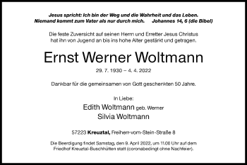 Traueranzeige von Ernst Werner Woltmann von Siegener Zeitung