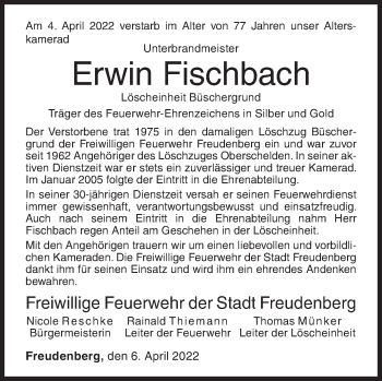 Traueranzeige von Erwin Fischbach von Siegener Zeitung
