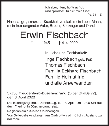 Traueranzeige von Erwin Fischbach von Siegener Zeitung