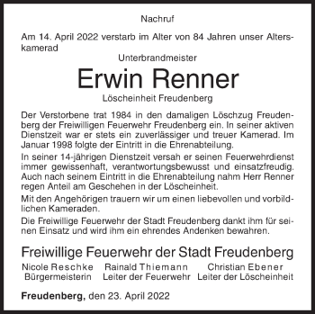 Traueranzeige von Erwin Renner von Siegener Zeitung