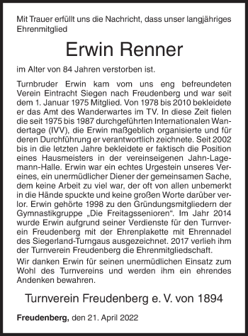 Traueranzeige von Erwin Renner von Siegener Zeitung