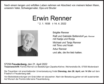 Traueranzeige von Erwin Renner von Siegener Zeitung