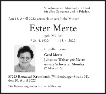 Traueranzeige von Ester Merte von Siegener Zeitung