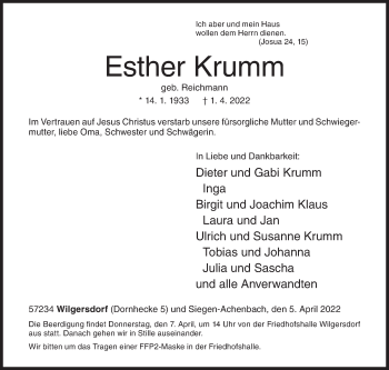Traueranzeige von Esther Krumm von Siegener Zeitung