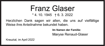 Traueranzeige von Franz Glaser von Siegener Zeitung