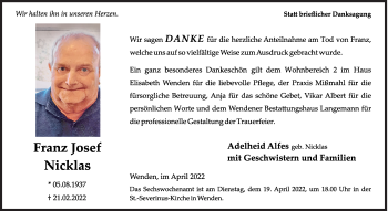 Traueranzeige von Franz Josef Nicklas von Siegener Zeitung