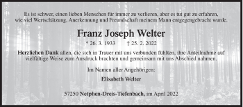 Traueranzeige von Franz Joseph Welter von Siegener Zeitung