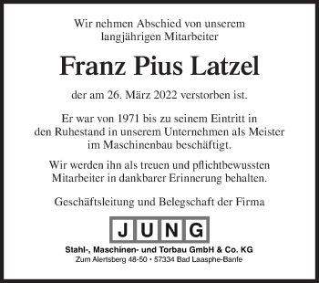 Traueranzeige von Franz Pius Latzel von Siegener Zeitung