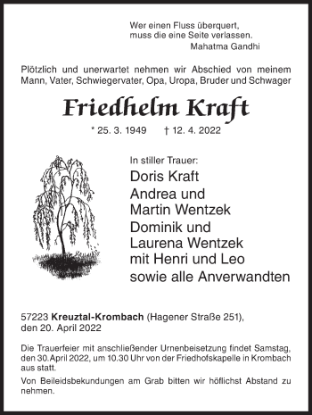 Traueranzeige von Friedhelm Kraft von Siegener Zeitung