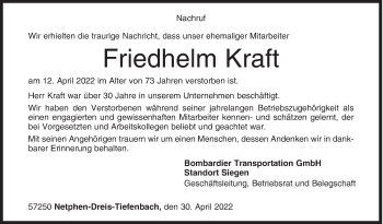 Traueranzeige von Friedhelm Kraft von Siegener Zeitung