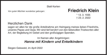 Traueranzeige von Friedrich Klein von Siegener Zeitung