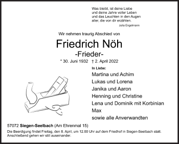 Traueranzeige von Friedrich Nöh von Siegener Zeitung