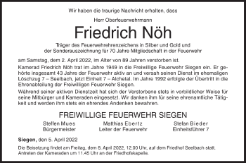 Traueranzeige von Friedrich Nöh von Siegener Zeitung