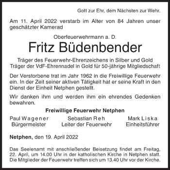 Traueranzeige von Fritz Büdenbender von Siegener Zeitung