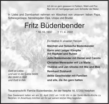 Traueranzeige von Fritz Büdenbender von Siegener Zeitung