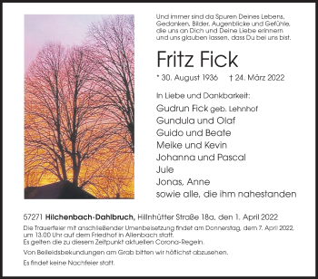 Traueranzeige von Fritz Fick von Siegener Zeitung
