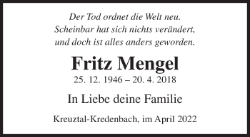 Traueranzeige von Fritz Mengel von Siegener Zeitung