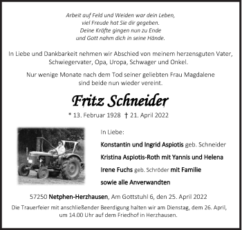 Traueranzeige von Fritz Schneider von Siegener Zeitung