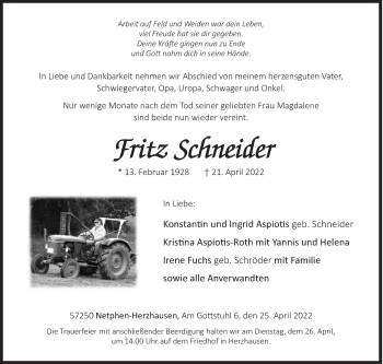 Traueranzeige von Fritz Schneider von Siegener Zeitung