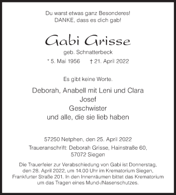 Traueranzeige von Gabi Grisse von Siegener Zeitung