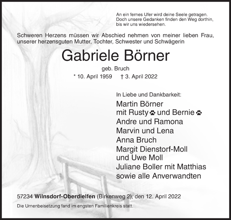  Traueranzeige für Gabriele Börner vom 12.04.2022 aus Siegener Zeitung