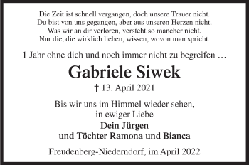 Traueranzeige von Gabriele Siwek von Siegener Zeitung