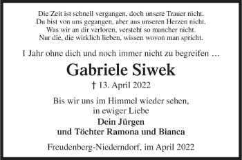 Traueranzeige von Gabriele Siwek von Siegener Zeitung