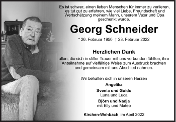 Traueranzeige von Georg Schneider von Siegener Zeitung