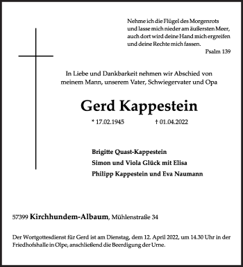 Traueranzeige von Gerd Kappenstein von Siegener Zeitung