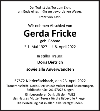 Traueranzeige von Gerda Fricke von Siegener Zeitung