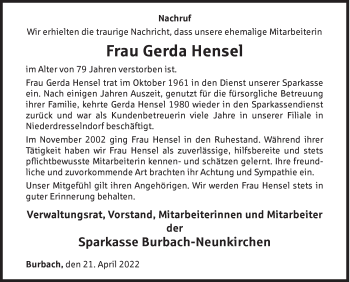 Traueranzeige von Gerda Hensel von Siegener Zeitung