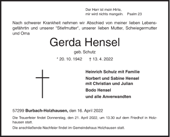 Traueranzeige von Gerda Hensel von Siegener Zeitung