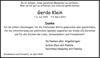 Traueranzeige von Gerda Klein von Siegener Zeitung