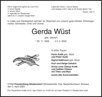 Traueranzeige von Gerda Wüst von Siegener Zeitung