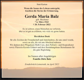 Traueranzeige von Gerda Maria Balz von Siegener Zeitung