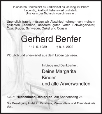 Traueranzeige von Gerhard Benfer von Siegener Zeitung