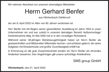 Traueranzeige von Gerhard Benfer von Siegener Zeitung