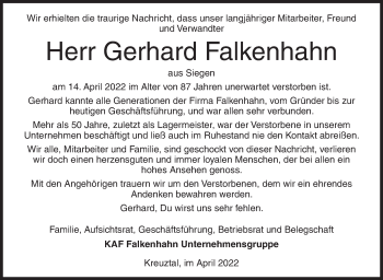 Traueranzeige von Gerhard Falkenhahn von Siegener Zeitung