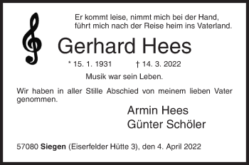 Traueranzeige von Gerhard Hees von Siegener Zeitung
