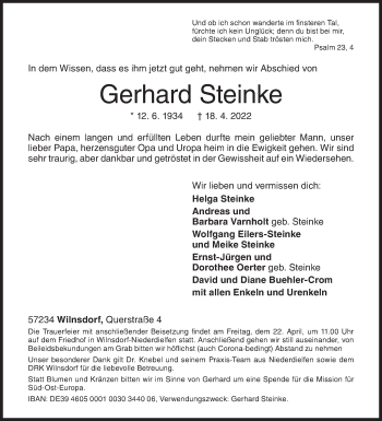 Traueranzeige von Gerhard Steinke von Siegener Zeitung