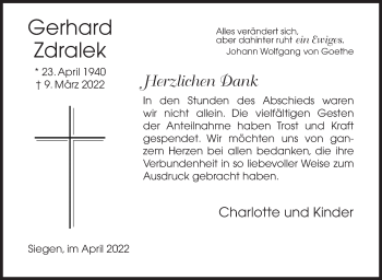Traueranzeige von Gerhard Zdralek von Siegener Zeitung
