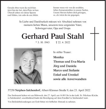 Traueranzeige von Gerhard Paul Stahl von Siegener Zeitung