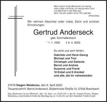 Traueranzeige von Gertrud Anderseck von Siegener Zeitung