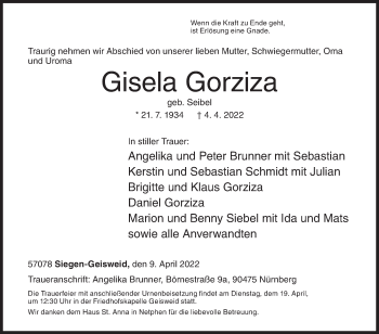 Traueranzeige von Gisela Gorziza von Siegener Zeitung