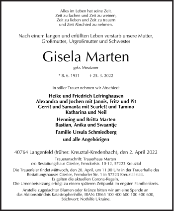 Traueranzeige von Gisela Marten von Siegener Zeitung