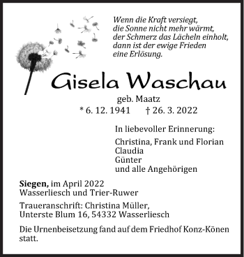 Traueranzeige von Gisela Waschau von Siegener Zeitung