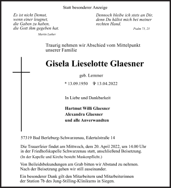 Traueranzeige von Gisela Lieselotte Glaesner von Siegener Zeitung