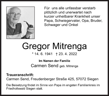 Traueranzeige von Gregor Mitrenga von Siegener Zeitung